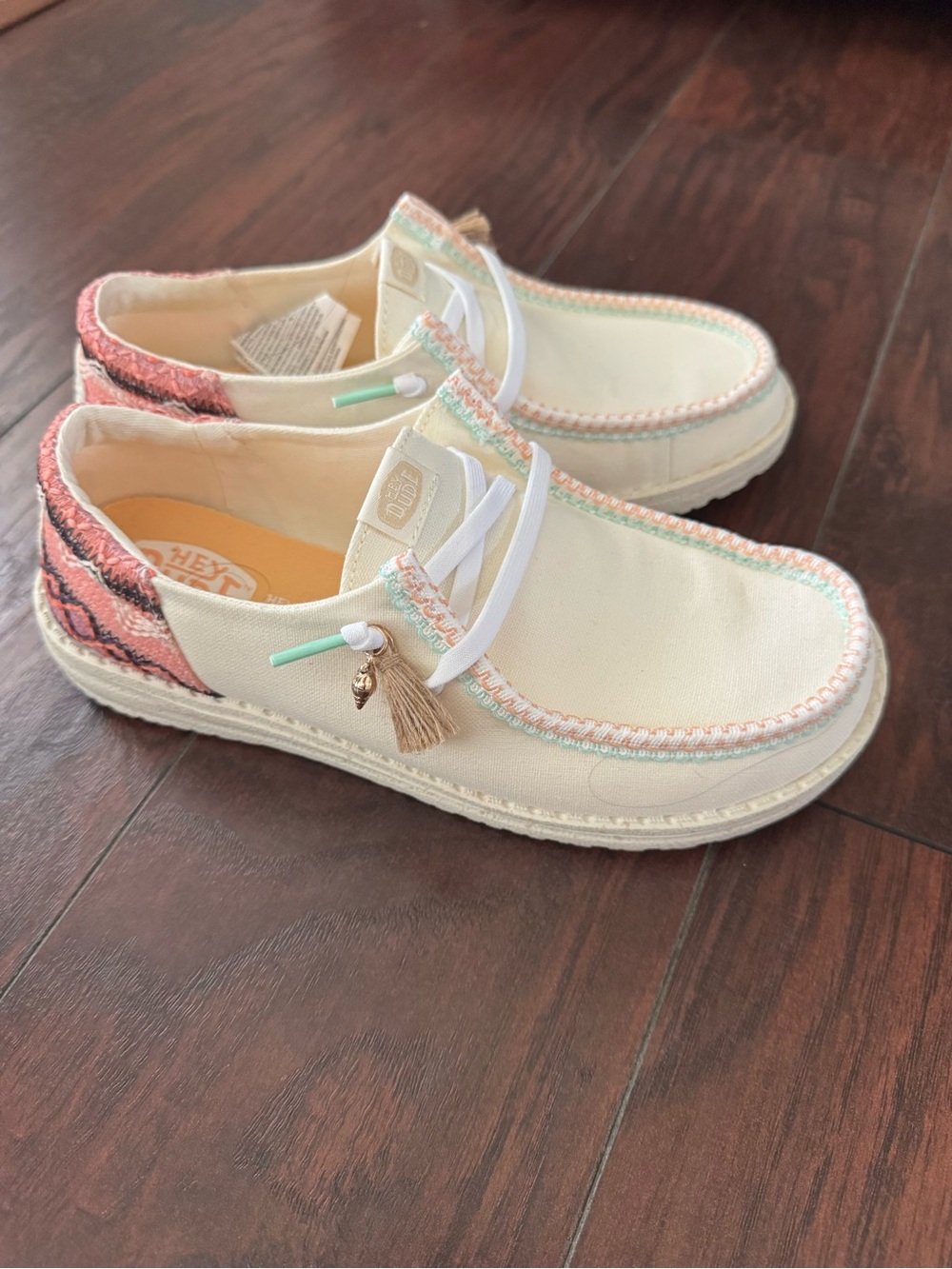 Hey Dude Cream Canvas Slip-Ons with Coral Heel and Mint Trim - Picture 5 of 6